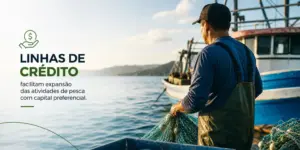 Pescador à beira do lago com barco ao fundo no contexto de crédito