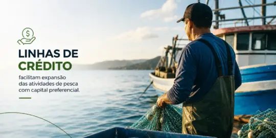 Pescador à beira do lago com barco ao fundo no contexto de crédito