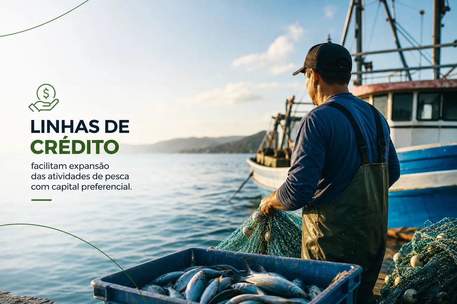 Pescador à beira do lago com barco ao fundo no contexto de crédito