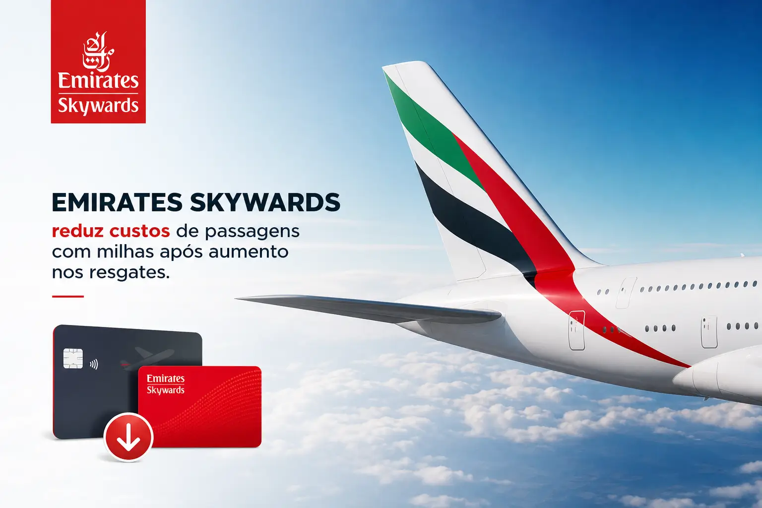 Anúncio da Emirates Skywards com avião e cartões de fidelidade