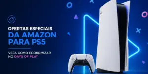 Console PS5 e controle em fundo azul com ofertas especiais Amazon