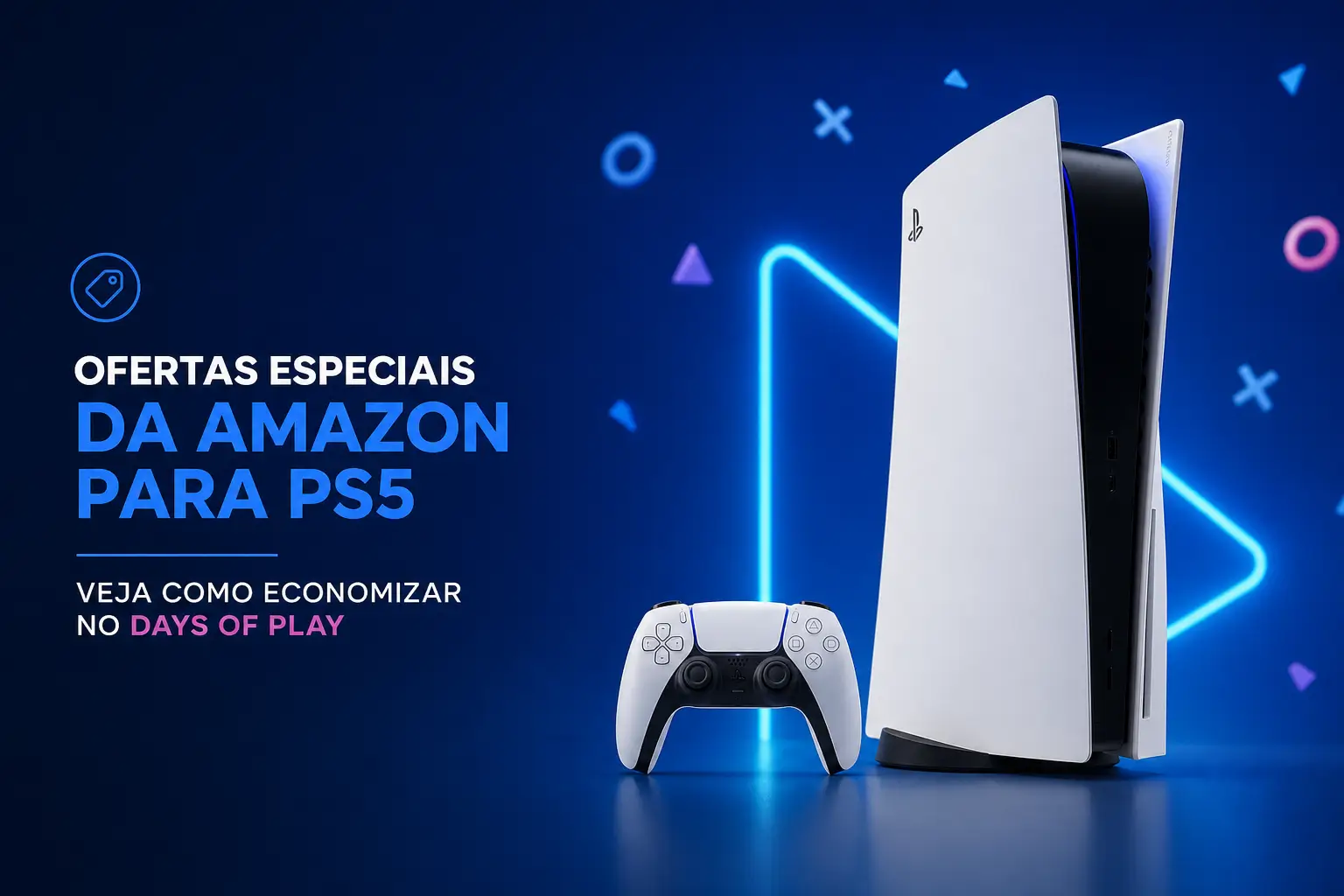 Console PS5 e controle em fundo azul com ofertas especiais Amazon