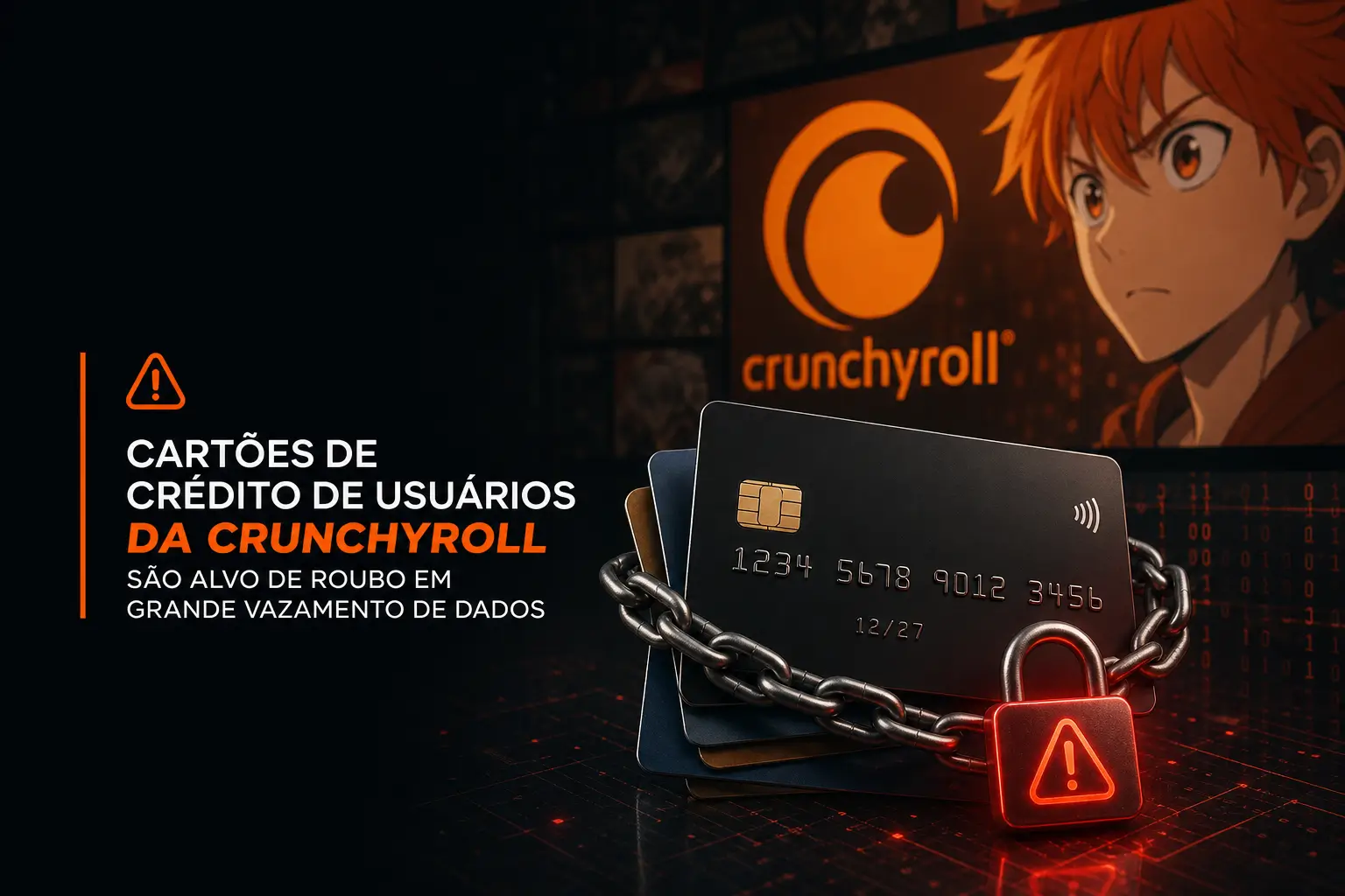 Alerta de roubo de cartão de crédito Crunchyroll, cartões e cadeado vermelho