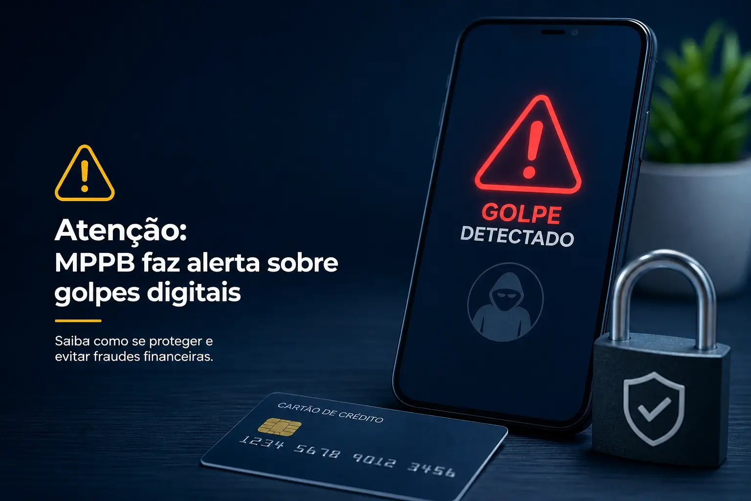 Smartphone com alerta de golpe, cartão de crédito e cadeado