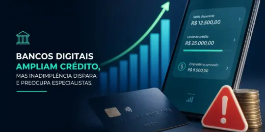 Smartphone com app bancário, cartão preto e alerta; gráfico crescente