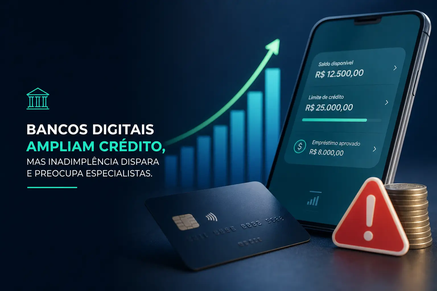 Smartphone com app bancário, cartão preto e alerta; gráfico crescente