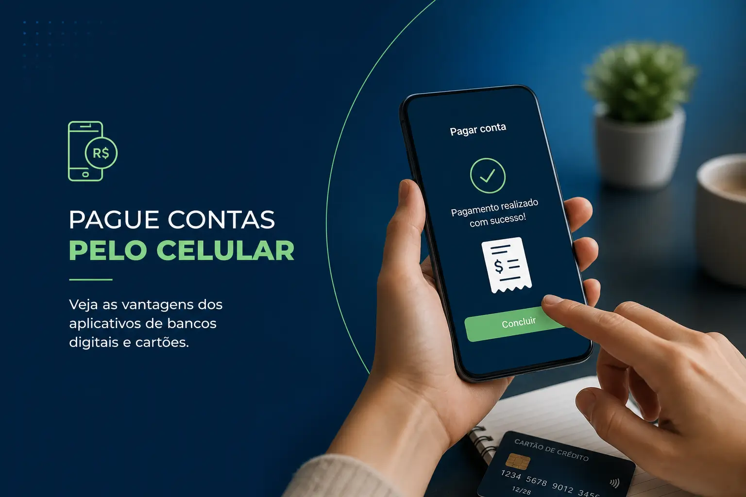Mão segurando smartphone com tela de confirmação de pagamento