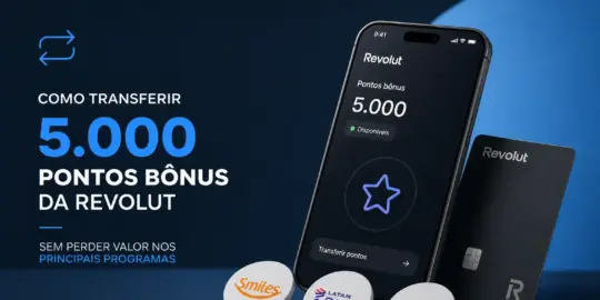 Smartphone com app Revolut mostrando 5.000 pontos bônus disponíveis