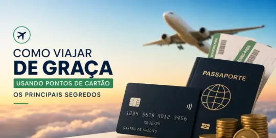 Passaporte, passagens e cartão de crédito com tema de viagem de graça 2026