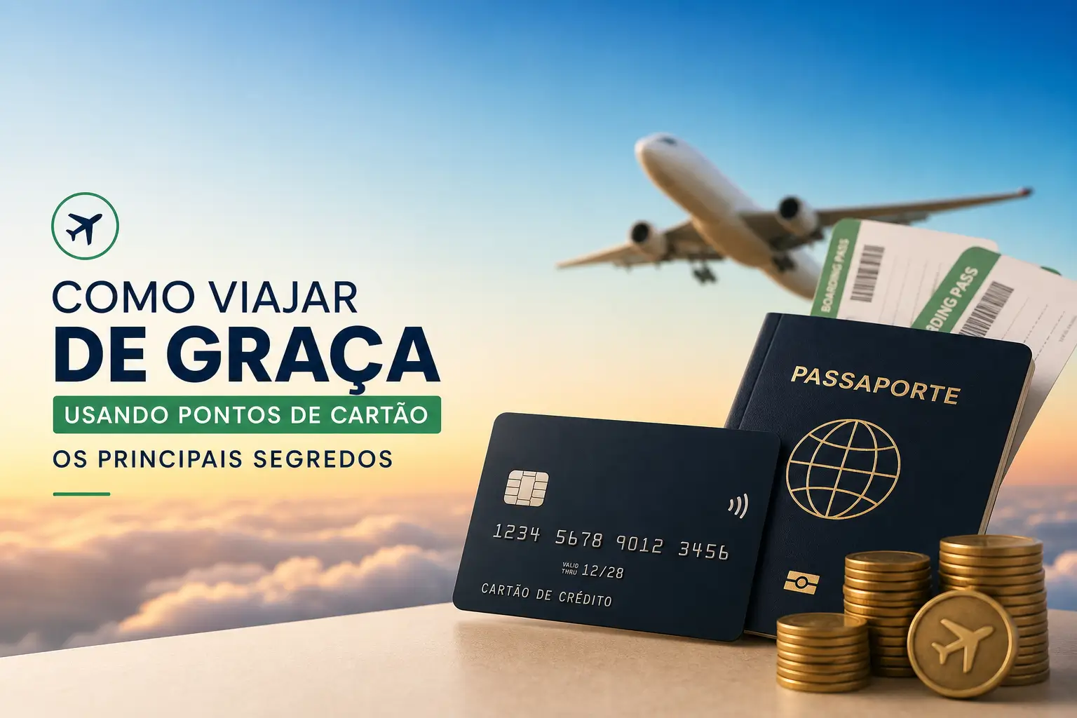 Passaporte, passagens e cartão de crédito com tema de viagem de graça 2026