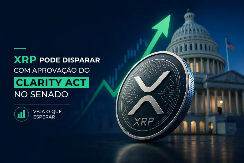XRP 3D coin em frente ao Capitólio dos EUA com seta verde ascendente