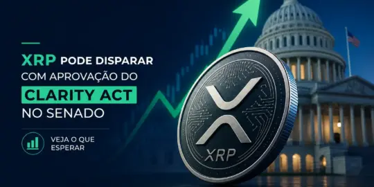 XRP 3D coin em frente ao Capitólio dos EUA com seta verde ascendente
