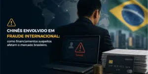 Homem analisa fraude financeira no Brasil com bandeira ao fundo