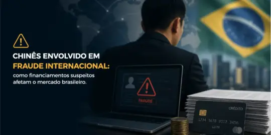 Homem analisa fraude financeira no Brasil com bandeira ao fundo