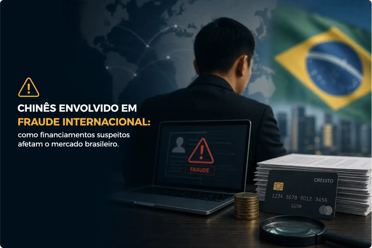 Homem analisa fraude financeira no Brasil com bandeira ao fundo