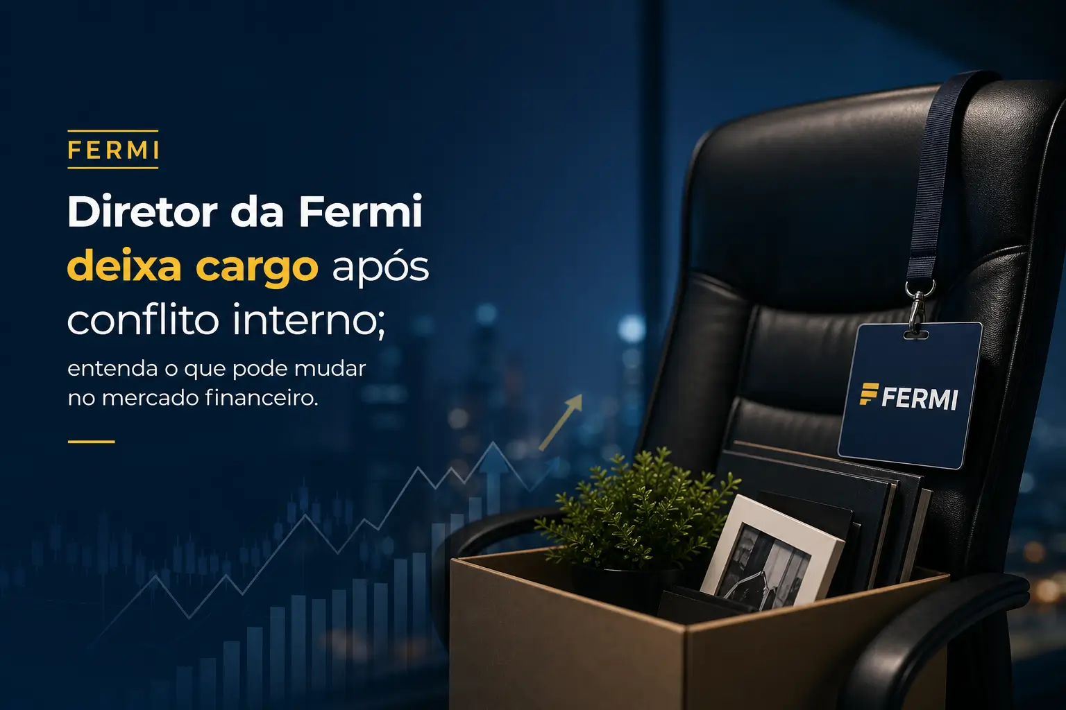 cadeira de escritório com caixa e skyline noturno ao fundo