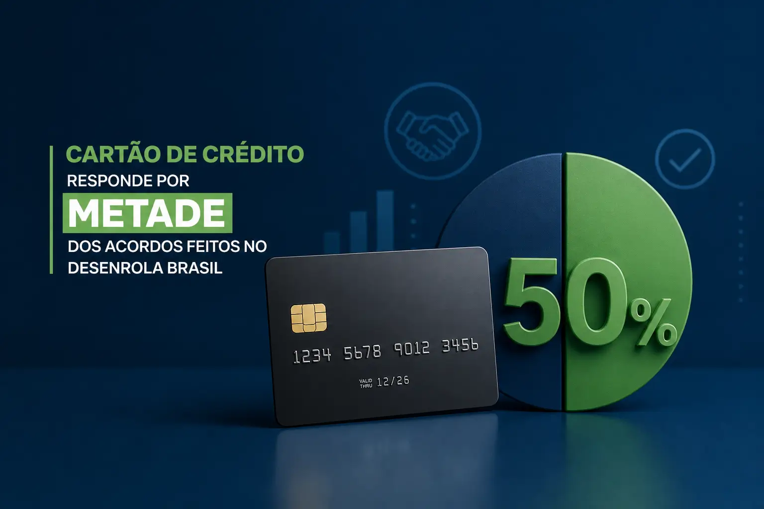 Cartão de crédito e gráfico 50% em fundo azul com gráficos financeiros