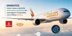 Avião da Emirates sobre nuvens com promoção de tarifas Smiles 2026