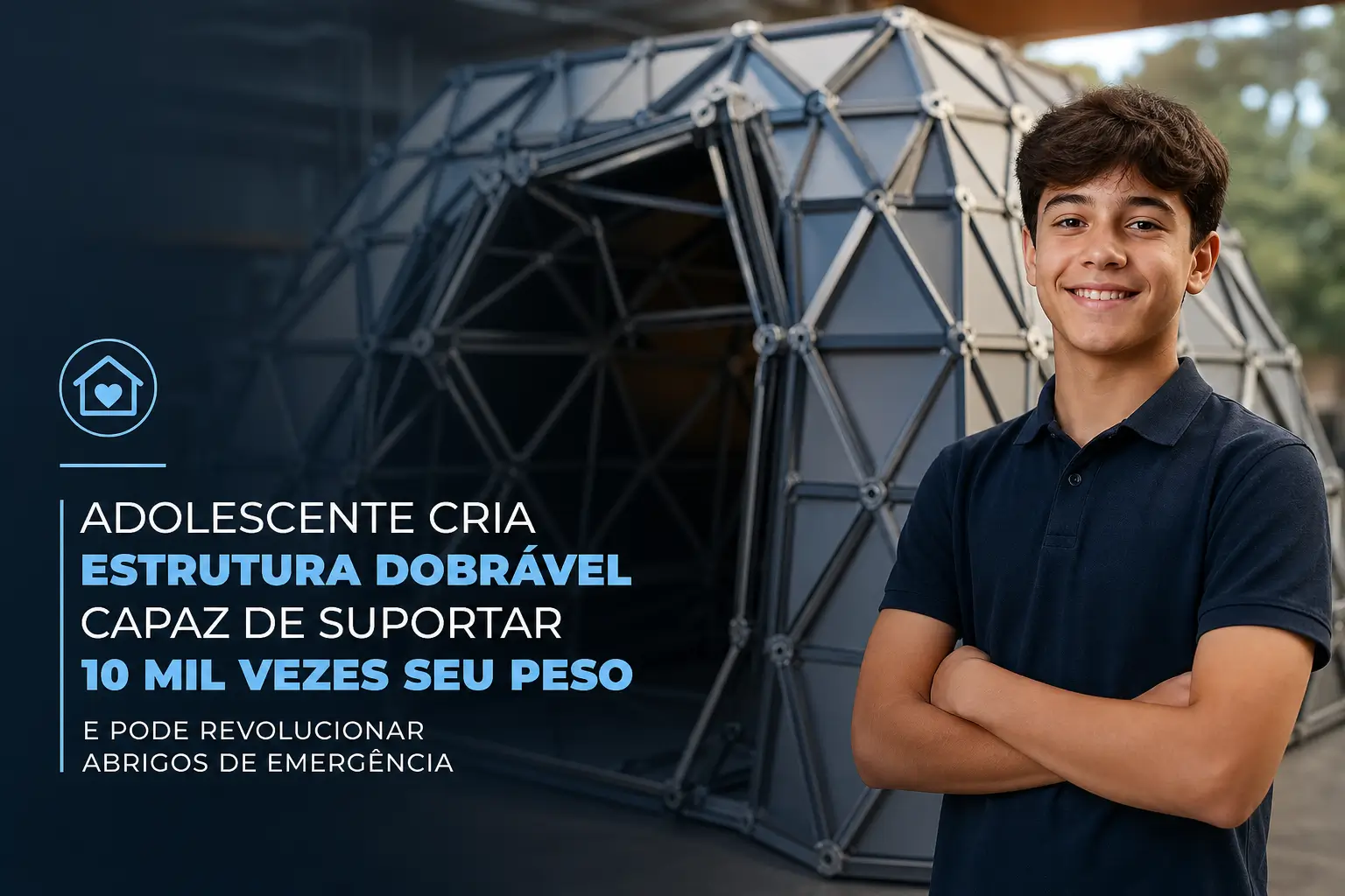 Adolescente em frente a estrutura dobrável geodésica inovadora