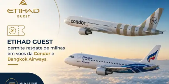 Aviões Condor e Bangkok Airways ao pôr do sol, logotipo Etihad Guest