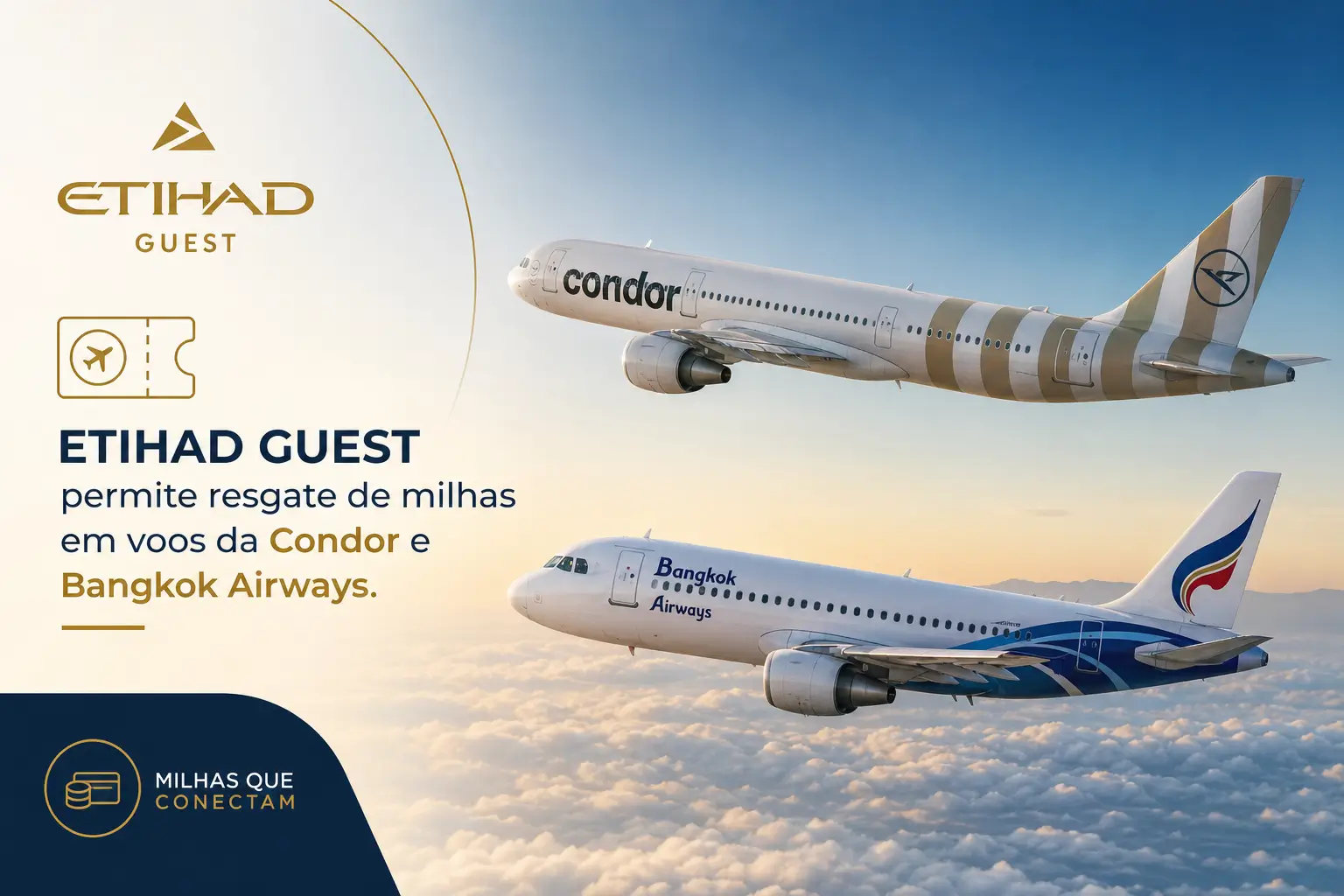 Aviões Condor e Bangkok Airways ao pôr do sol, logotipo Etihad Guest