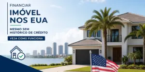 Casa moderna nos EUA perto da água, bandeira americana e prédios ao fundo