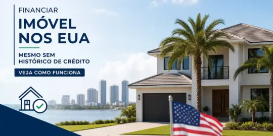 Casa moderna nos EUA perto da água, bandeira americana e prédios ao fundo