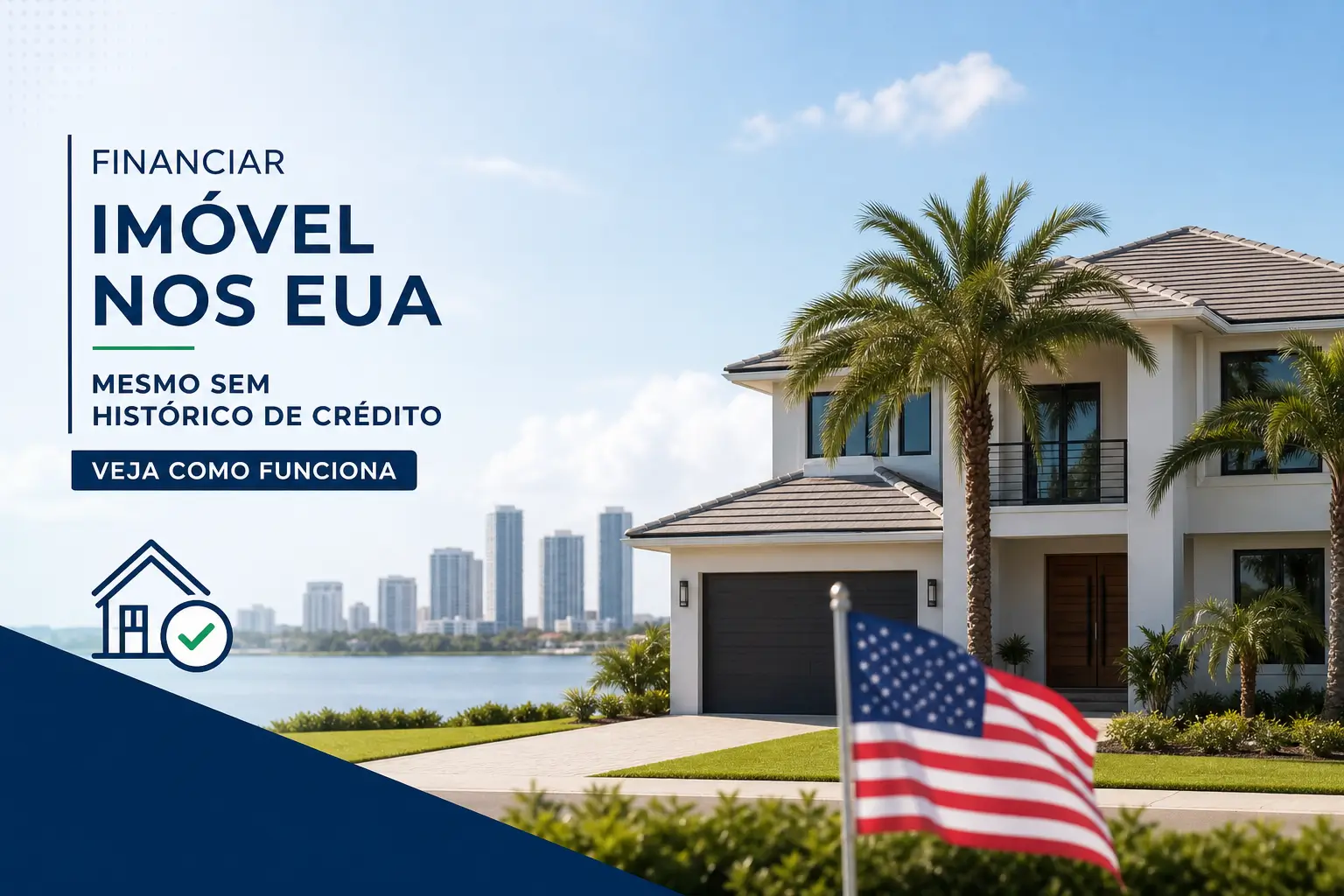 Casa moderna nos EUA perto da água, bandeira americana e prédios ao fundo