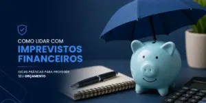 Cofrinho azul com guarda-chuva, notebook e calculadora