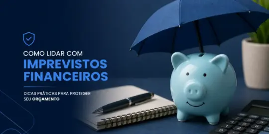 Cofrinho azul com guarda-chuva, notebook e calculadora