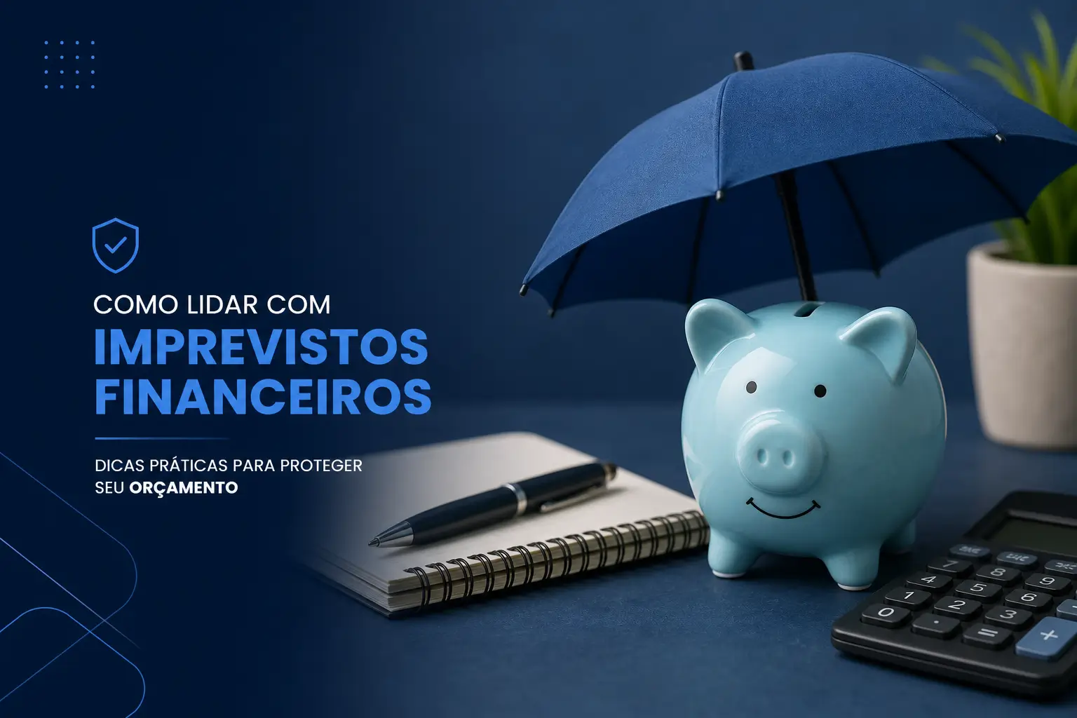 Cofrinho azul com guarda-chuva, notebook e calculadora