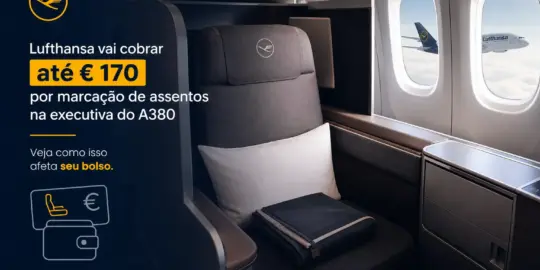 Assento classe executiva Lufthansa A380 vista janela asa céu