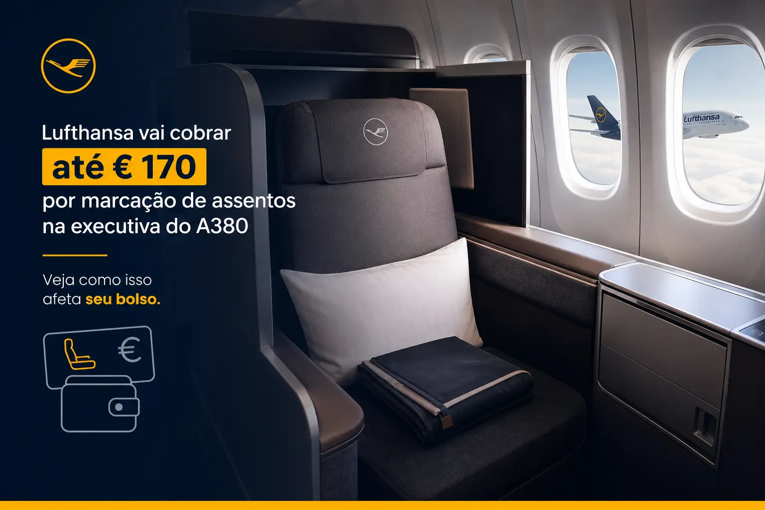 Assento classe executiva Lufthansa A380 vista janela asa céu