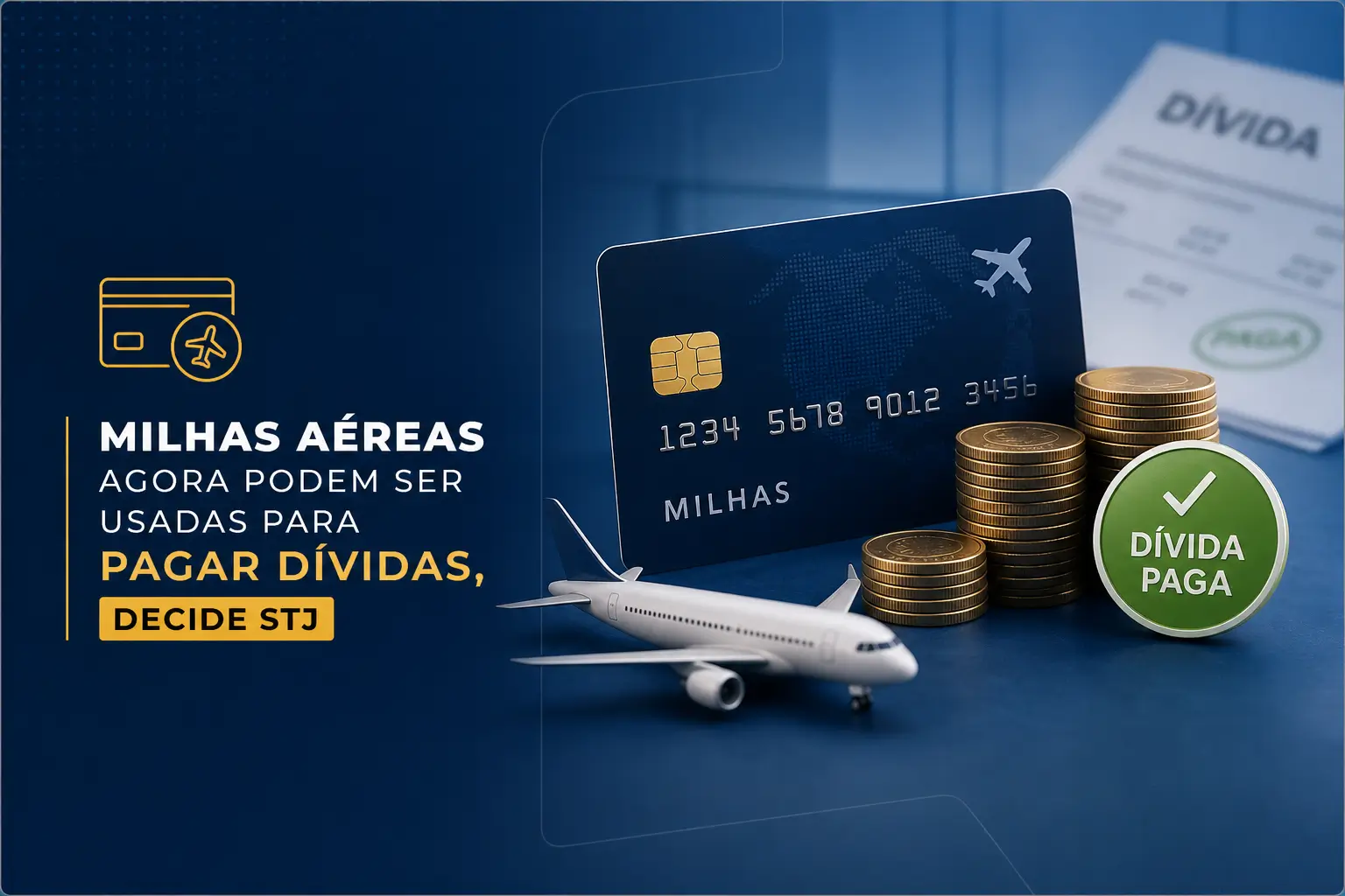 Avião, moedas e cartão de crédito 'MILHAS' com selo 'DÍVIDA PAGA'