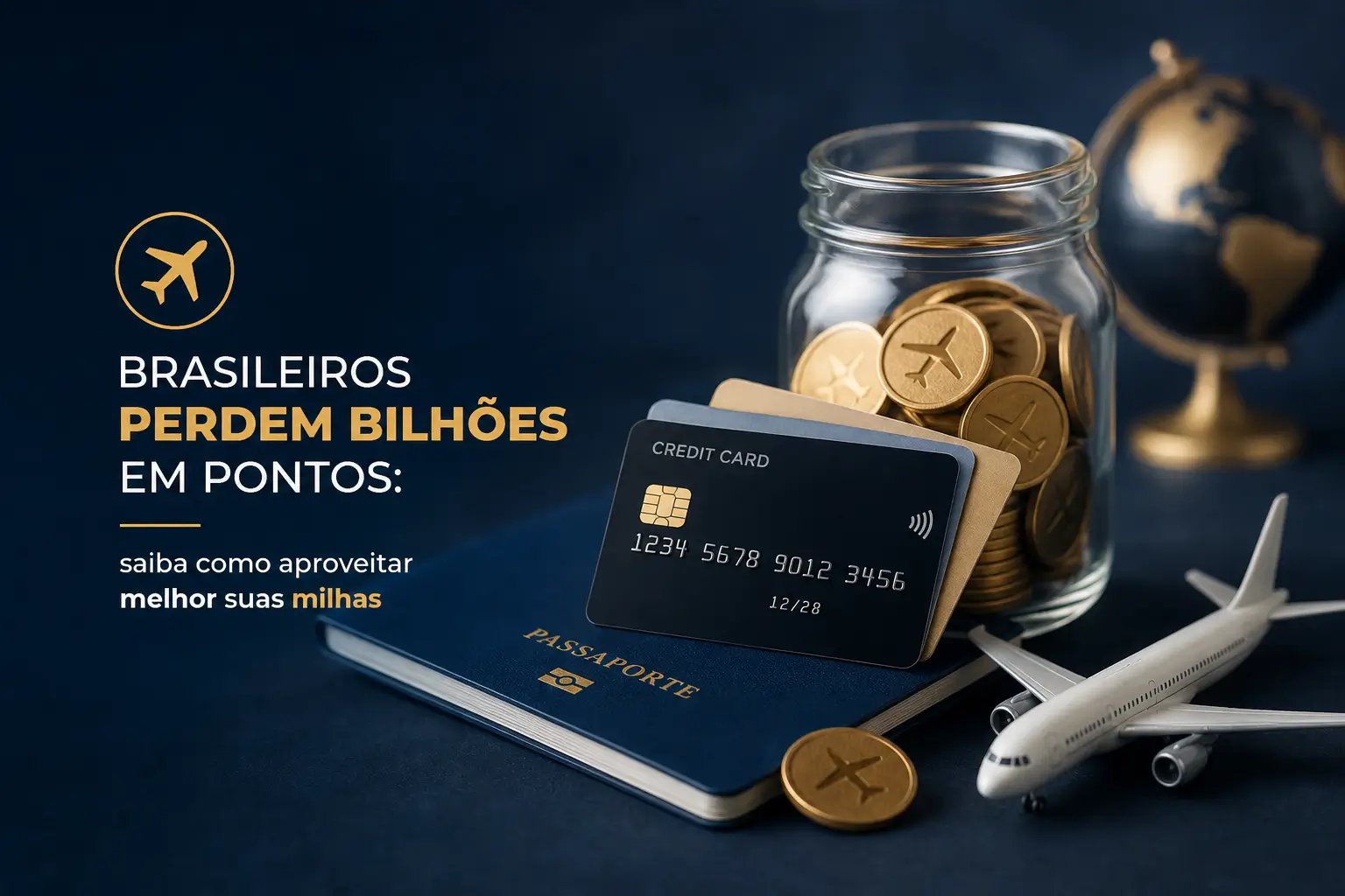 Passaporte brasileiro com cartão de crédito e moedas de milhas