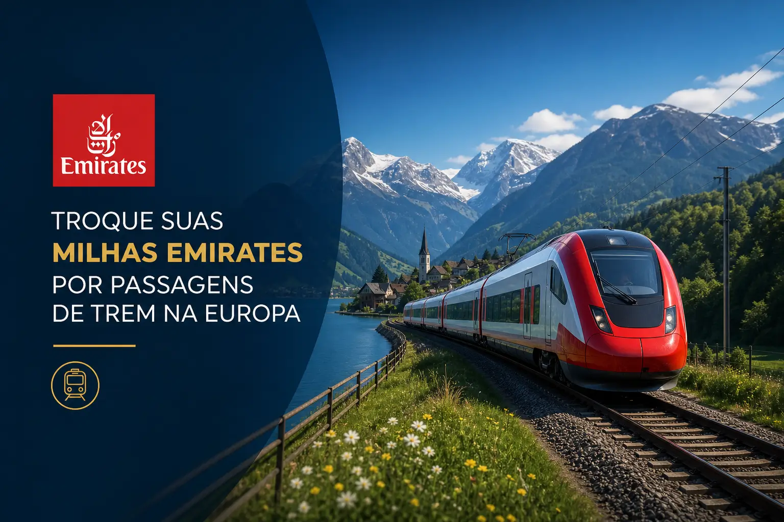 Trem moderno perto do lago, campos e montanhas ao fundo