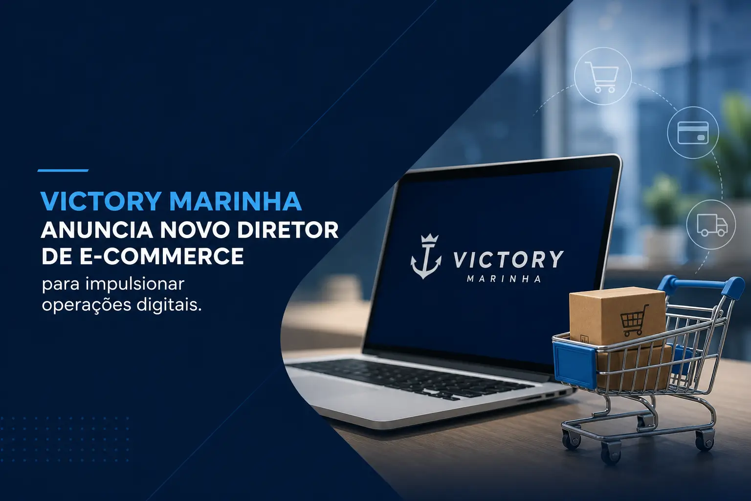 Laptop com logo VICTORY MARINHA e carrinho de compras no escritório