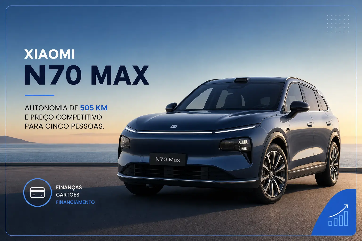 SUV elétrico Xiaomi N70 Max ao entardecer à beira-mar