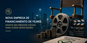 Gráfico cinematográfico com incentivo fiscal e skyline urbano