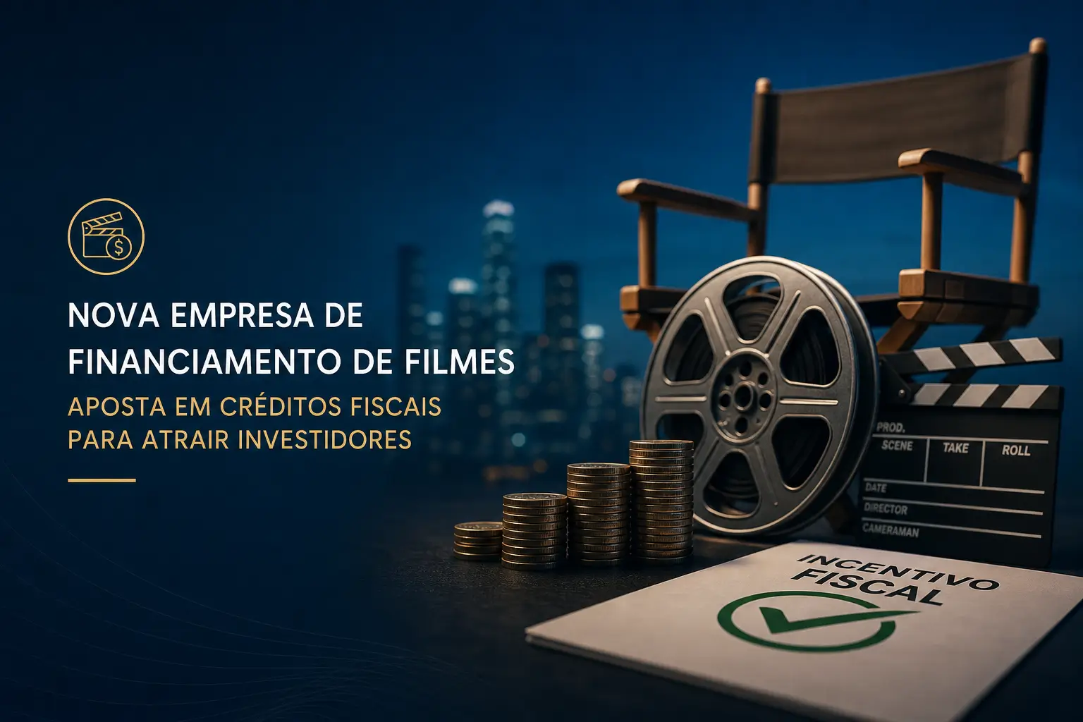 Gráfico cinematográfico com incentivo fiscal e skyline urbano