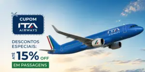 Avião da ITA Airways decolando com desconto de 15%