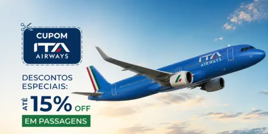 Avião da ITA Airways decolando com desconto de 15%