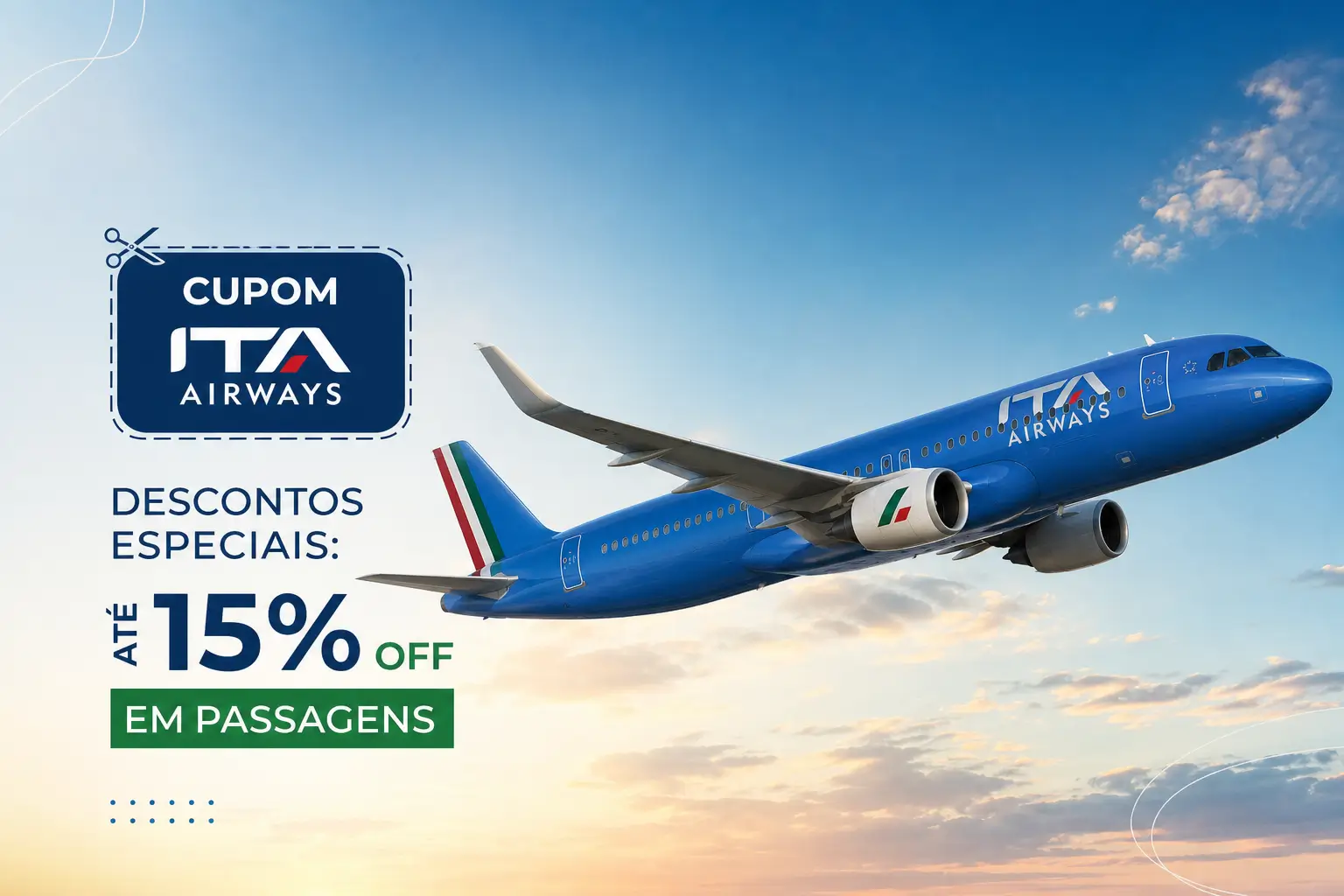 Avião da ITA Airways decolando com desconto de 15%