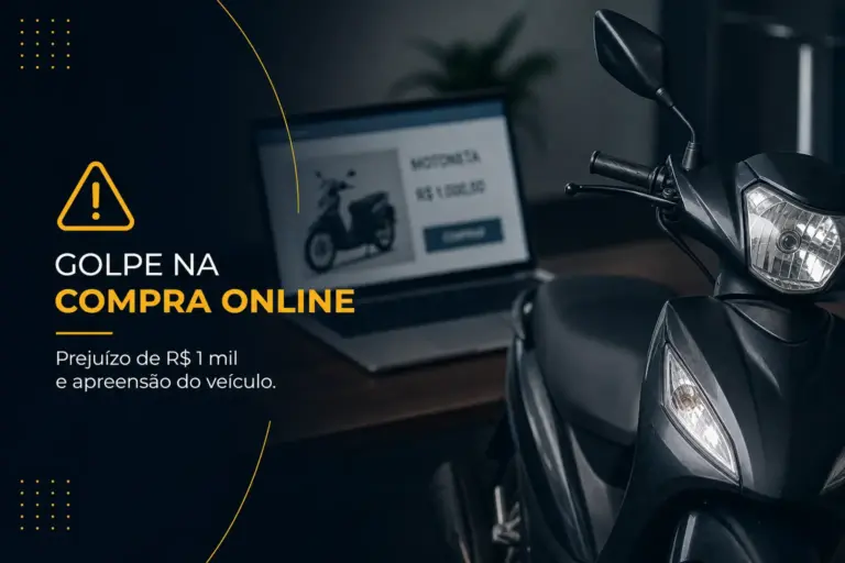 Scooter ao lado de laptop com alerta de golpe online e perda de R$1000