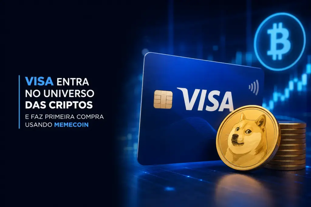 Cartão Visa azul e moeda Dogecoin com gráfico de criptomoedas