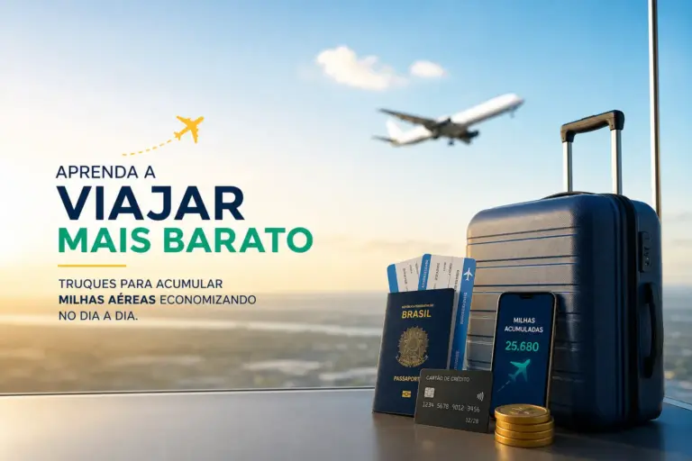 Mala azul, passaporte brasileiro, avião e milhas acumuladas