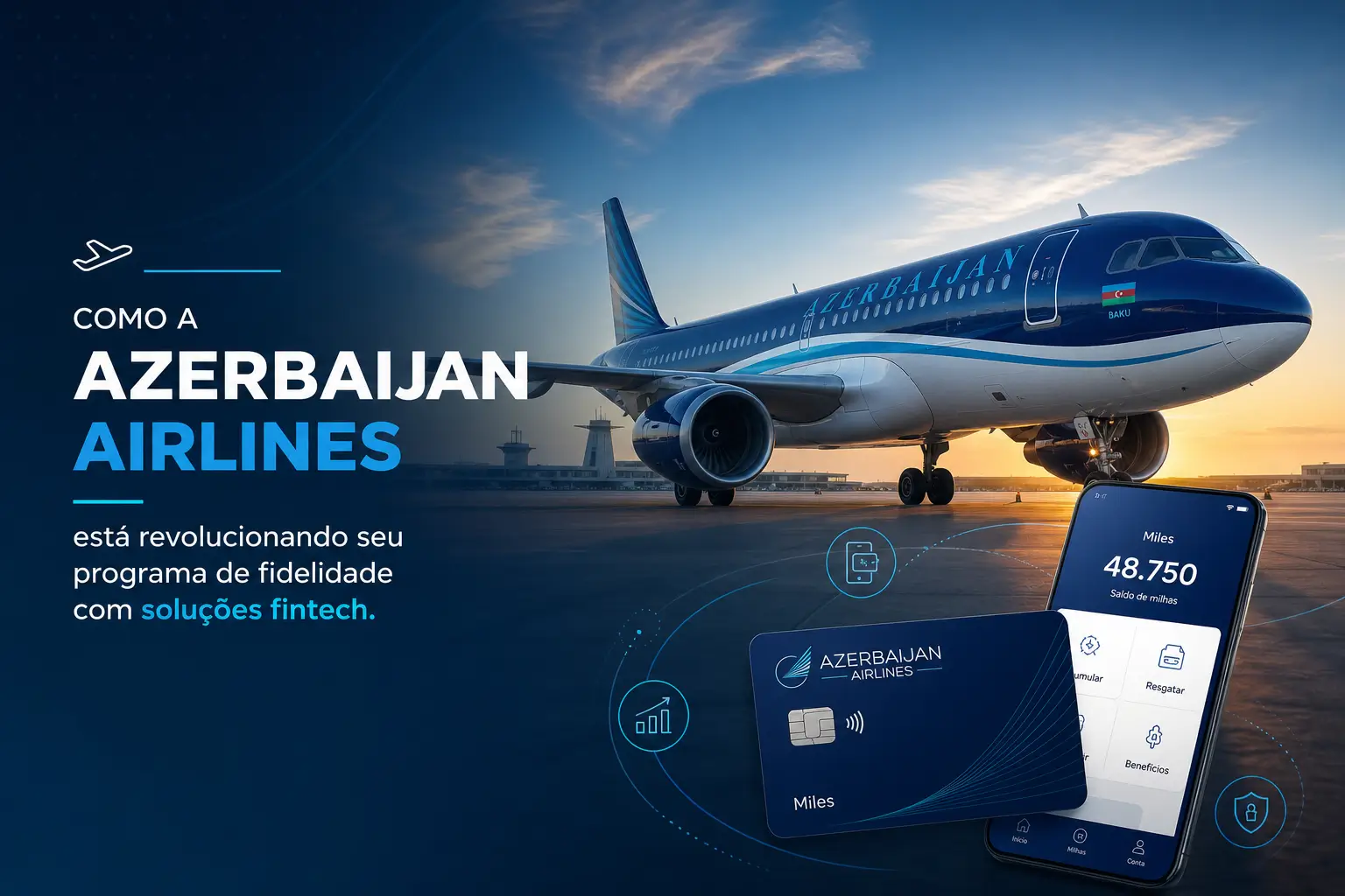 Avião da Azerbaijan Airlines no pôr do sol e app com 48,750 milhas