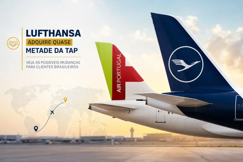 Caudas dos aviões TAP e Lufthansa com mapa e texto sobre aquisição