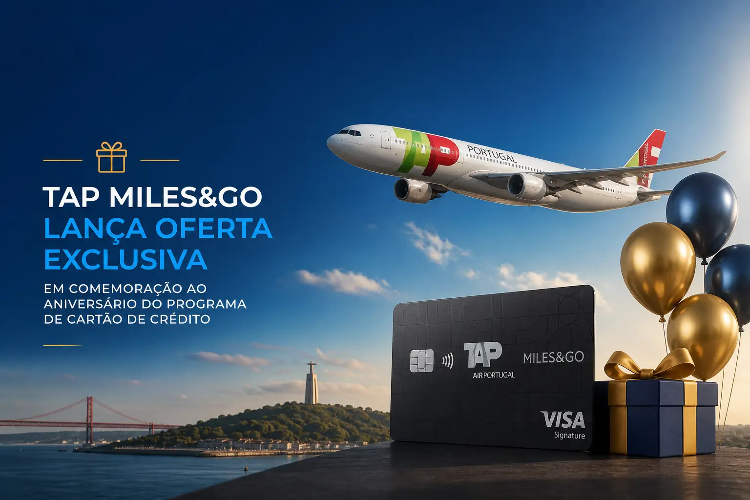 Oferta TAP Miles&Go e cartão com Cristo Redentor ao fundo